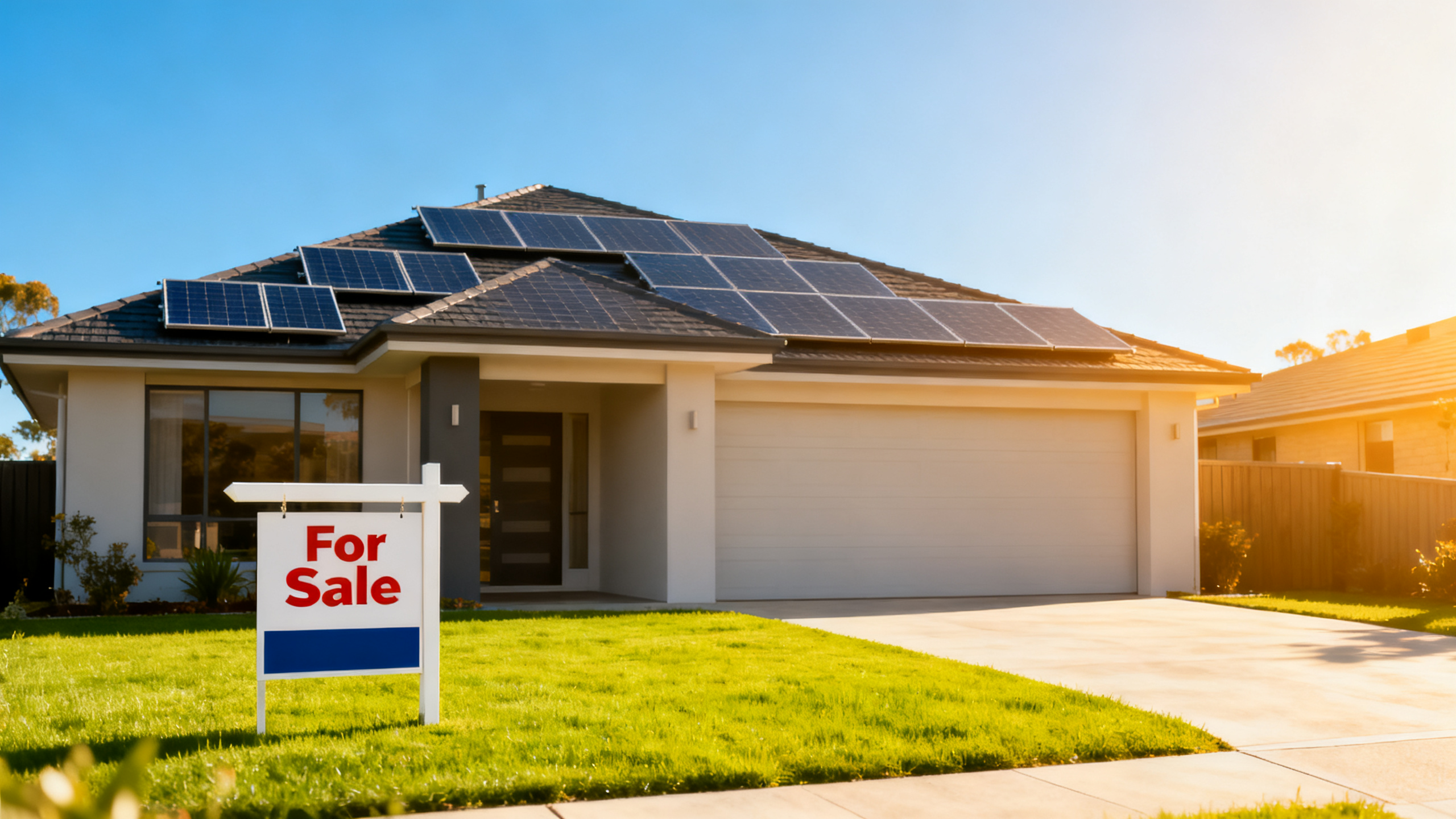 Premium suburban solar-equipped home with For Sale sign in the front yard