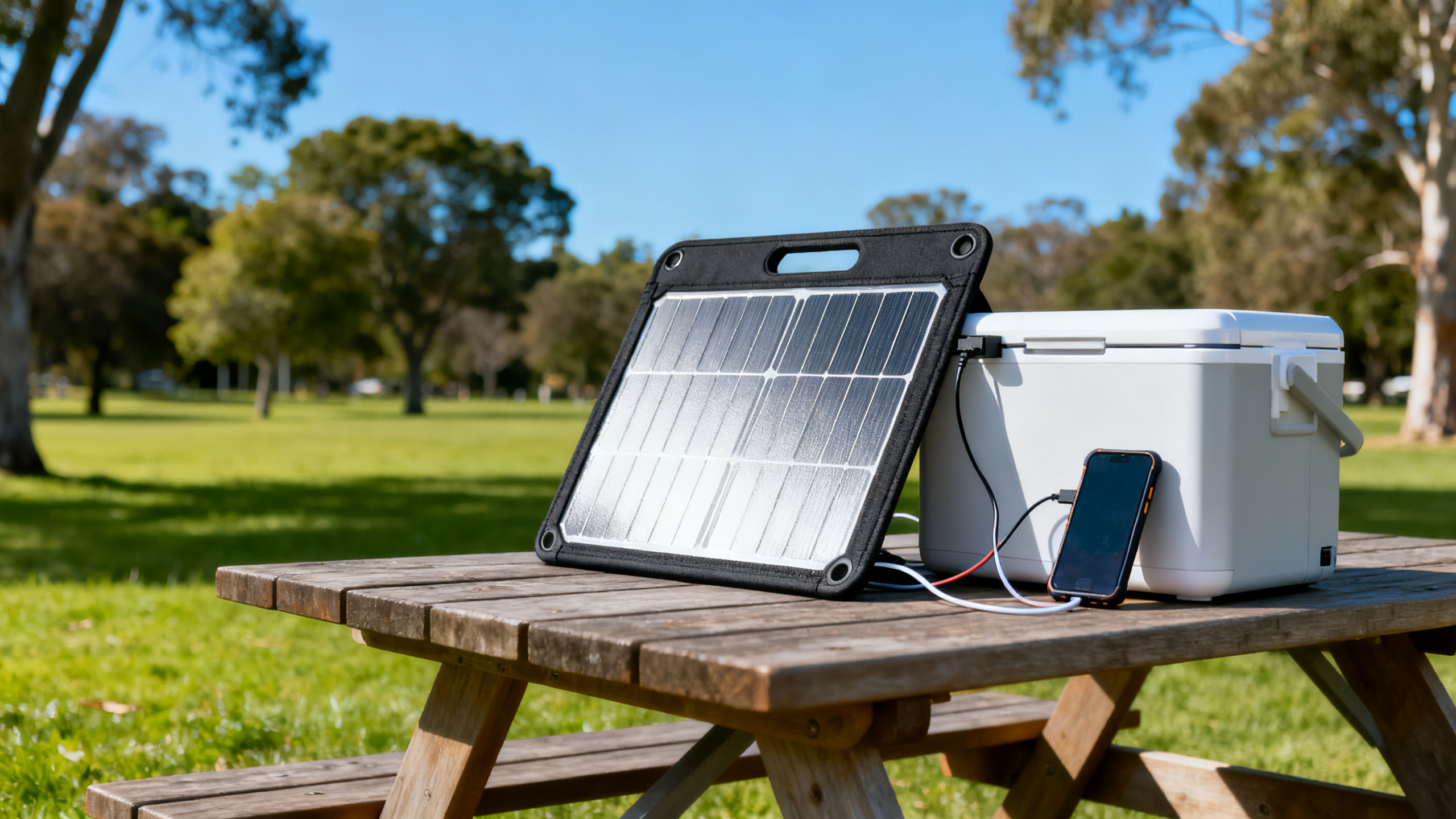 100 watt portable solar panel powering a camping fridge and devices outdoors