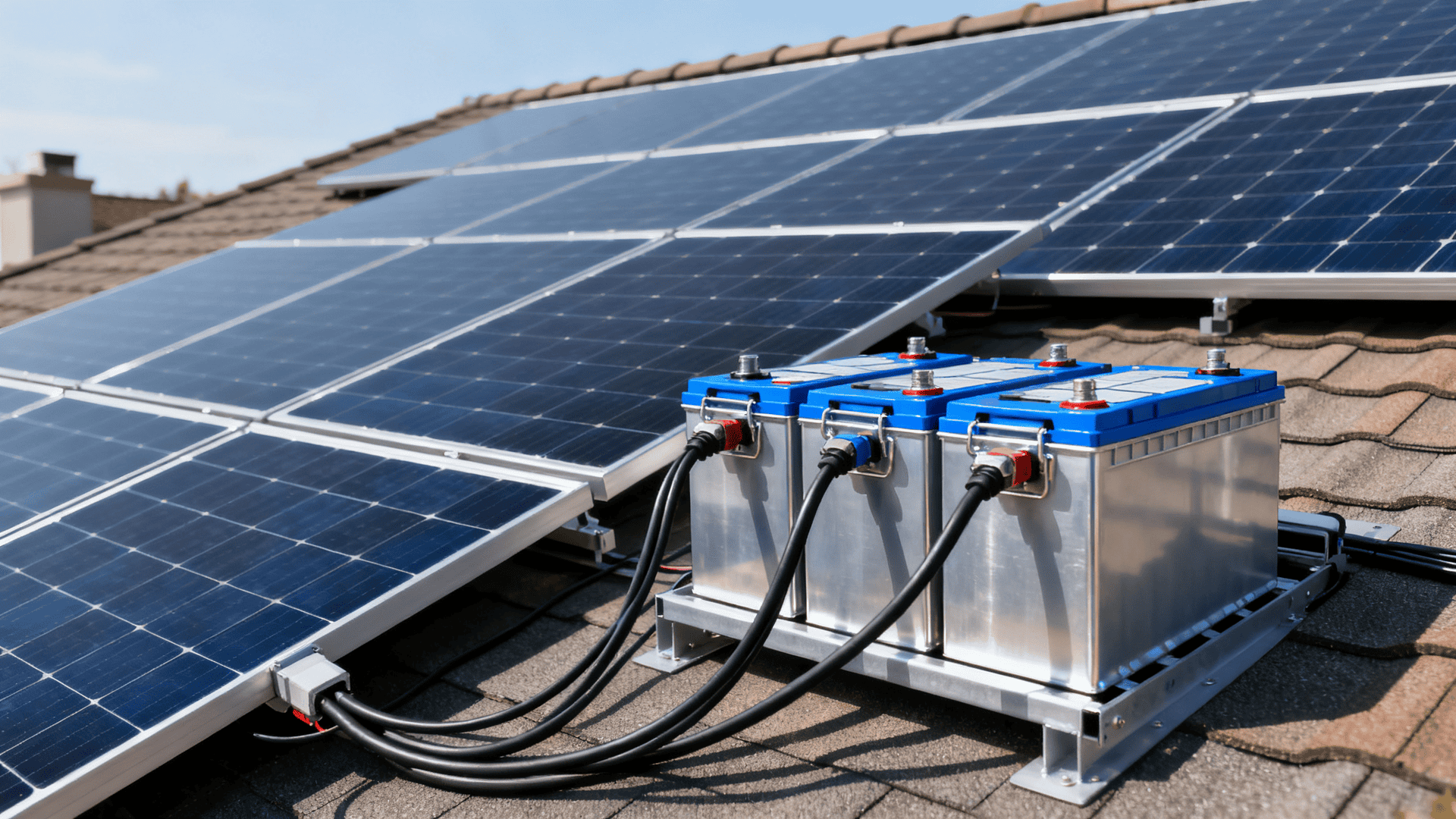 Lithium deep-cycle solar batteries connected to rooftop solar panels on a residential home