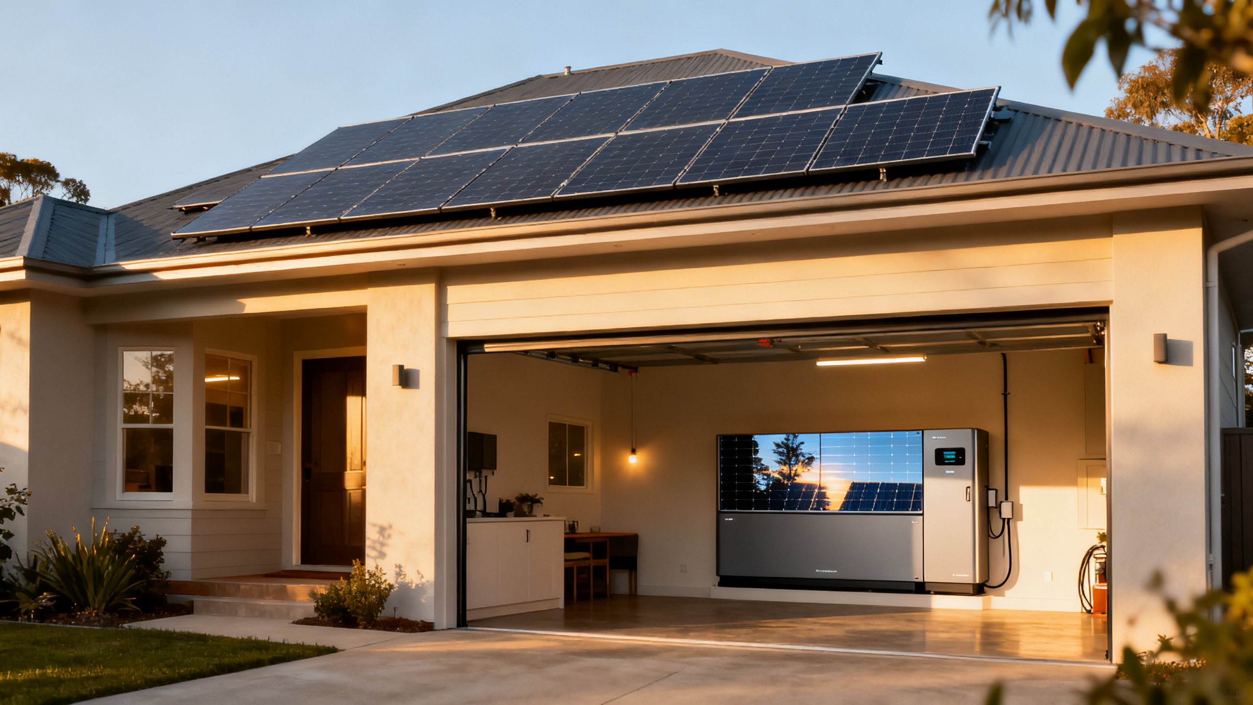 Family home powered by rooftop solar panels with a home battery wall unit visible in the garage