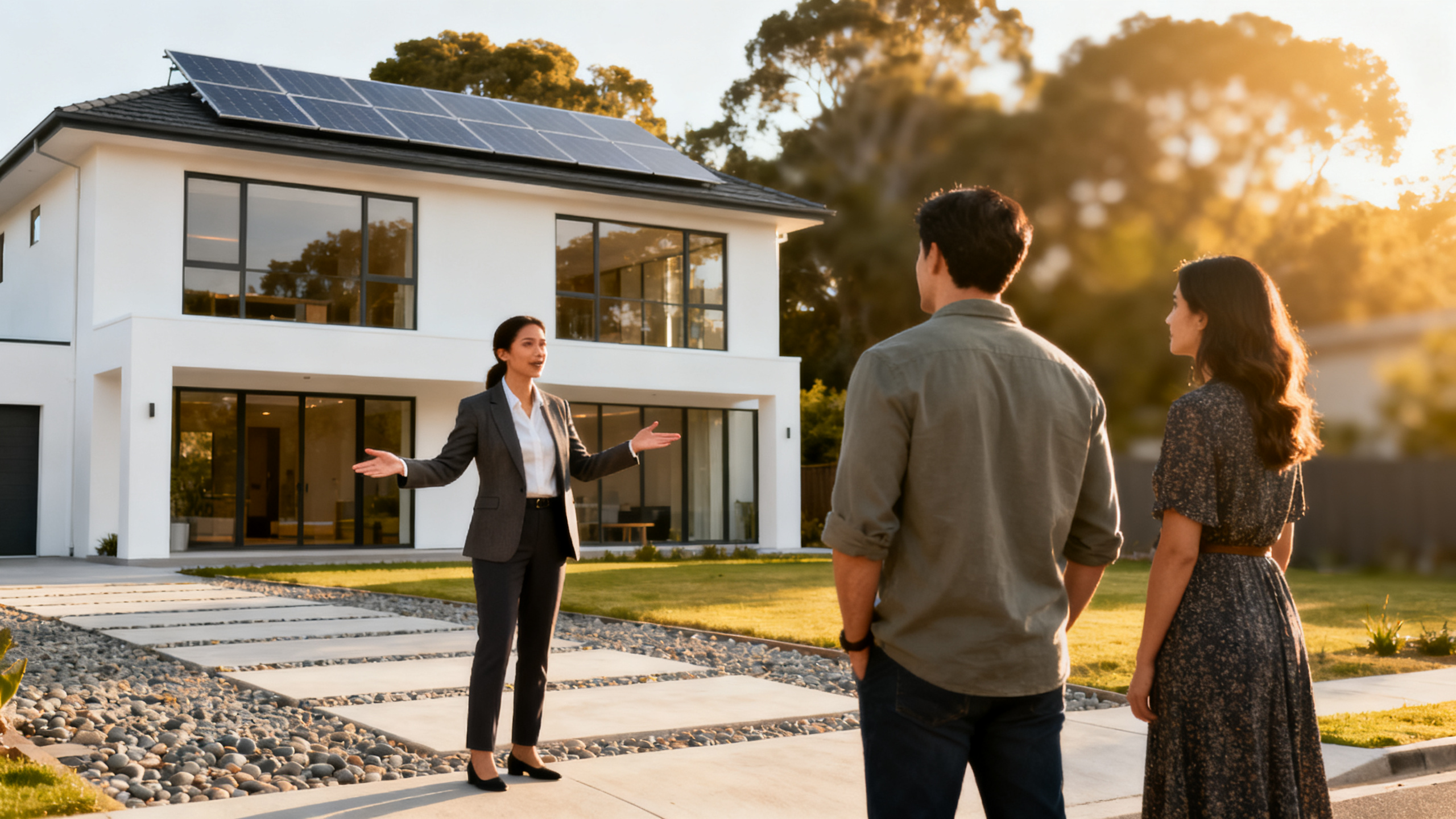 Real estate agent showing a solar-equipped home to prospective buyers
