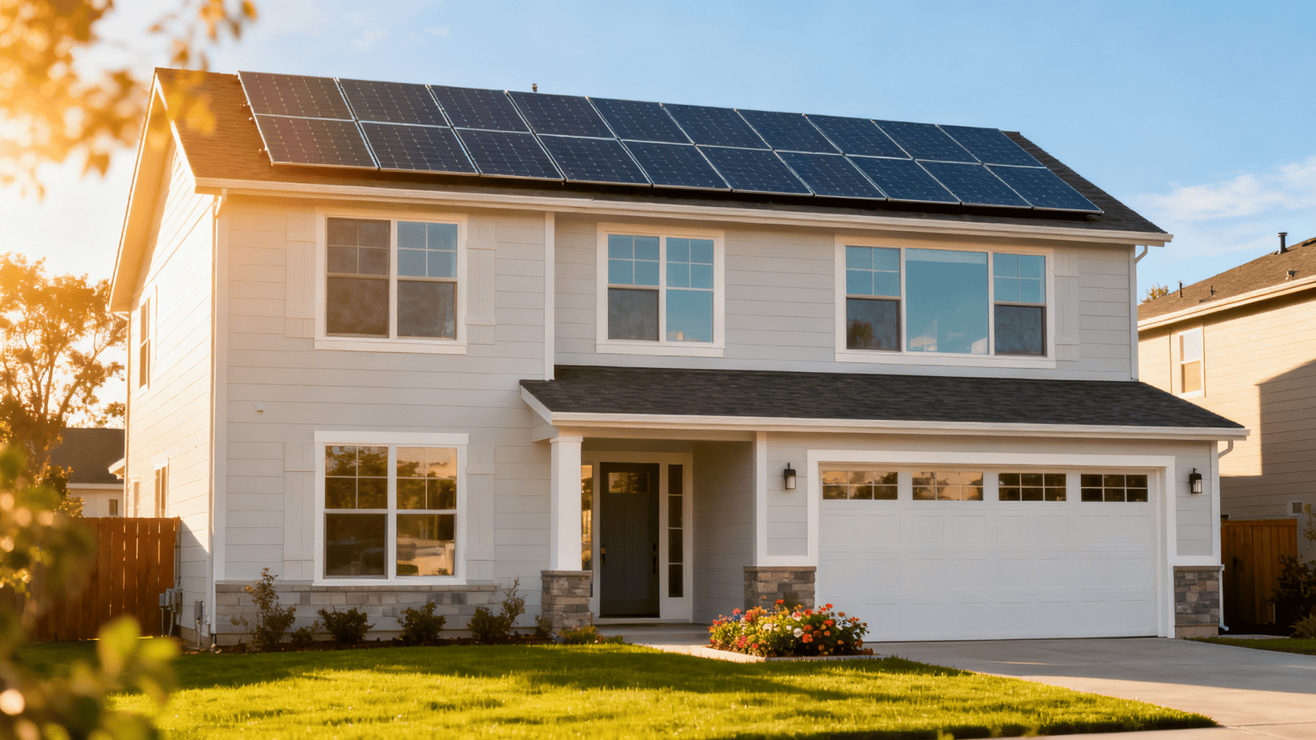 Modern suburban home with rooftop solar panels in sunny weather
