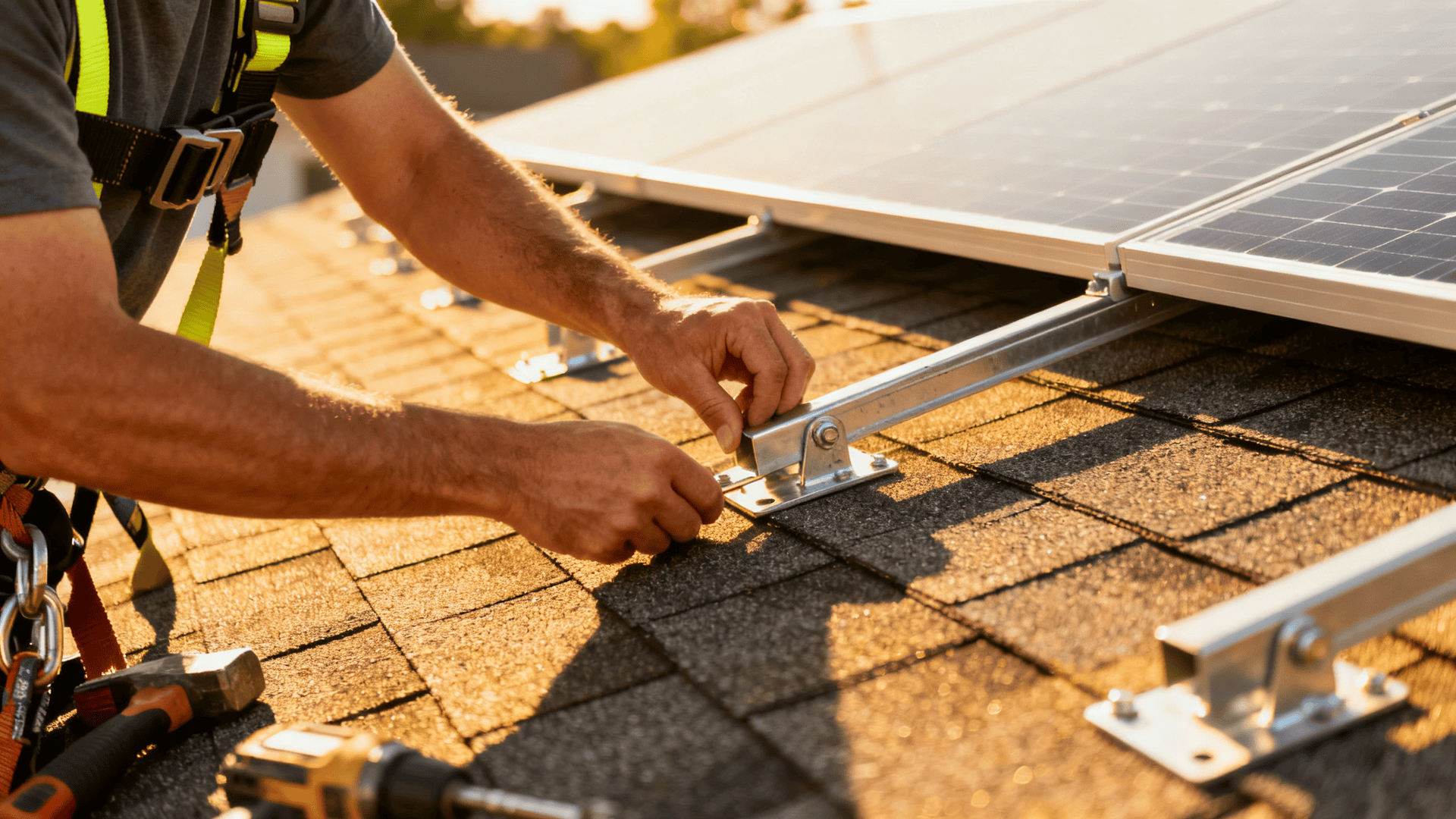 Contractor carefully installing solar panel mounts on an asphalt shingle roof