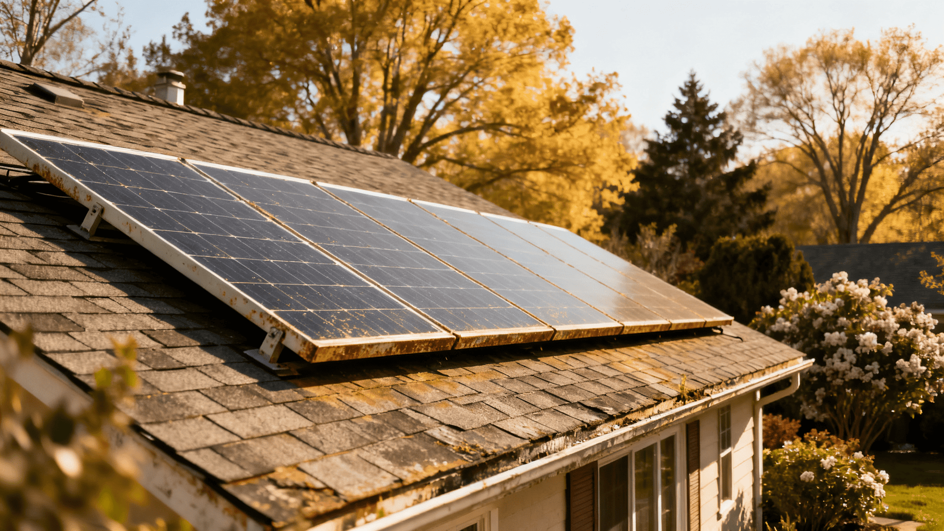 Aged but intact rooftop solar array on a weathered residential roof
