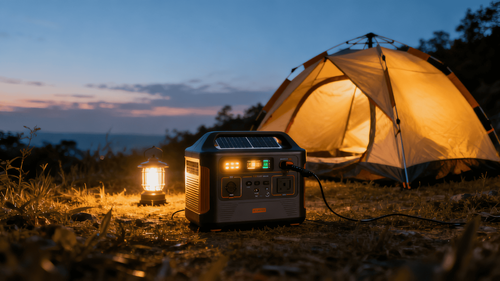 Portable solar power station lighting a campsite at dusk