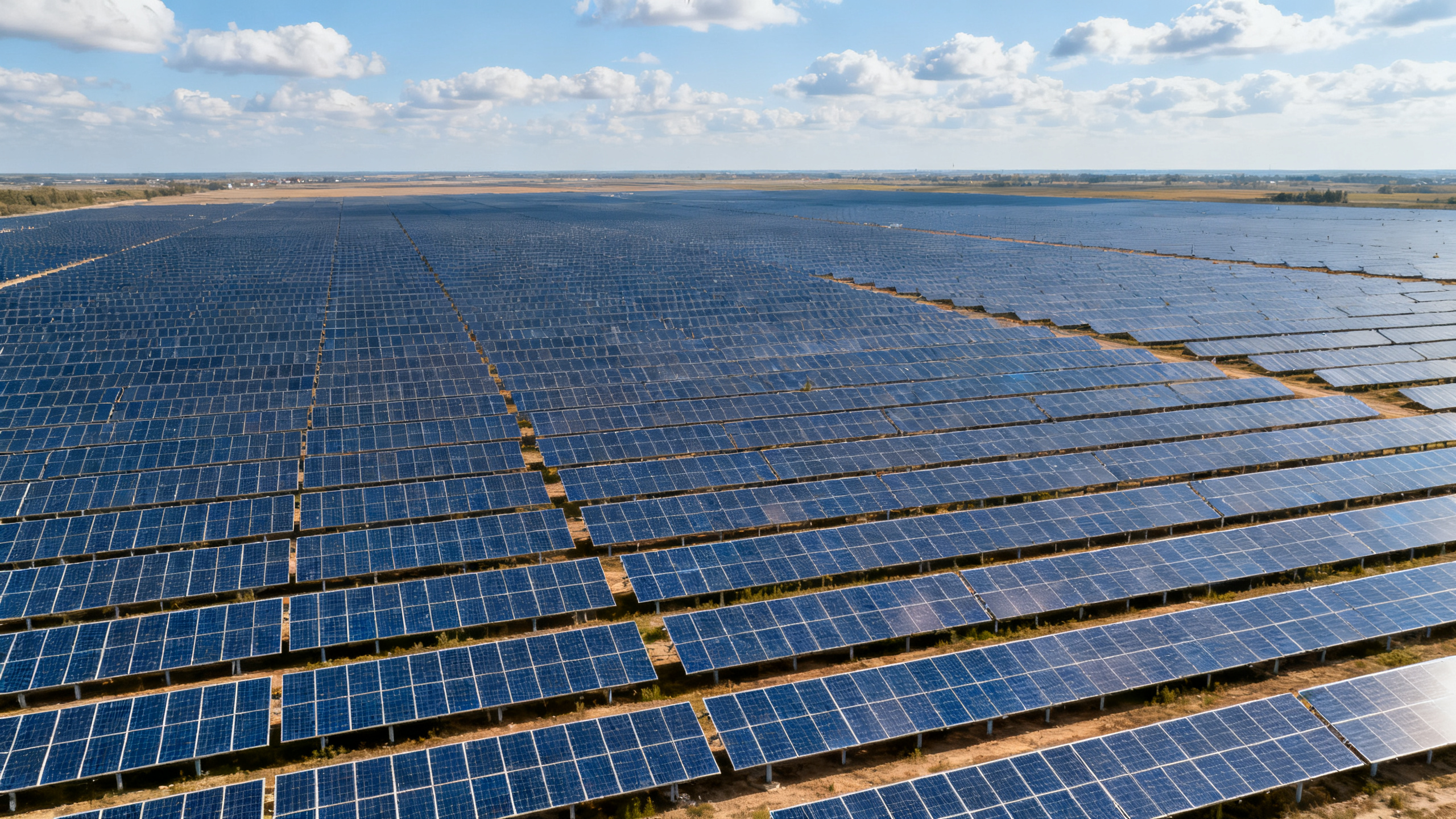 Utility-scale solar farm stretching to the horizon, aerial view