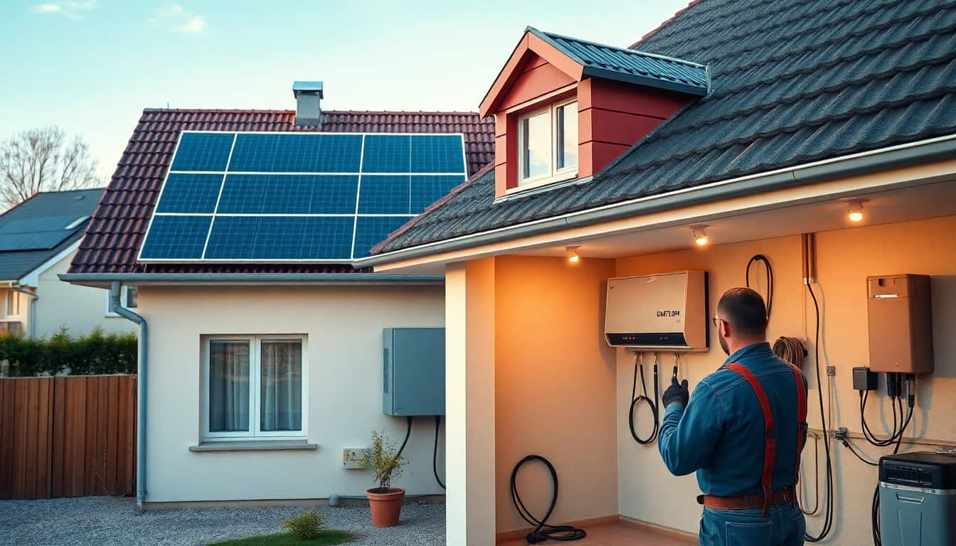 Existing solar system battery integration — installer adding lithium storage to a Central European rooftop solar setup