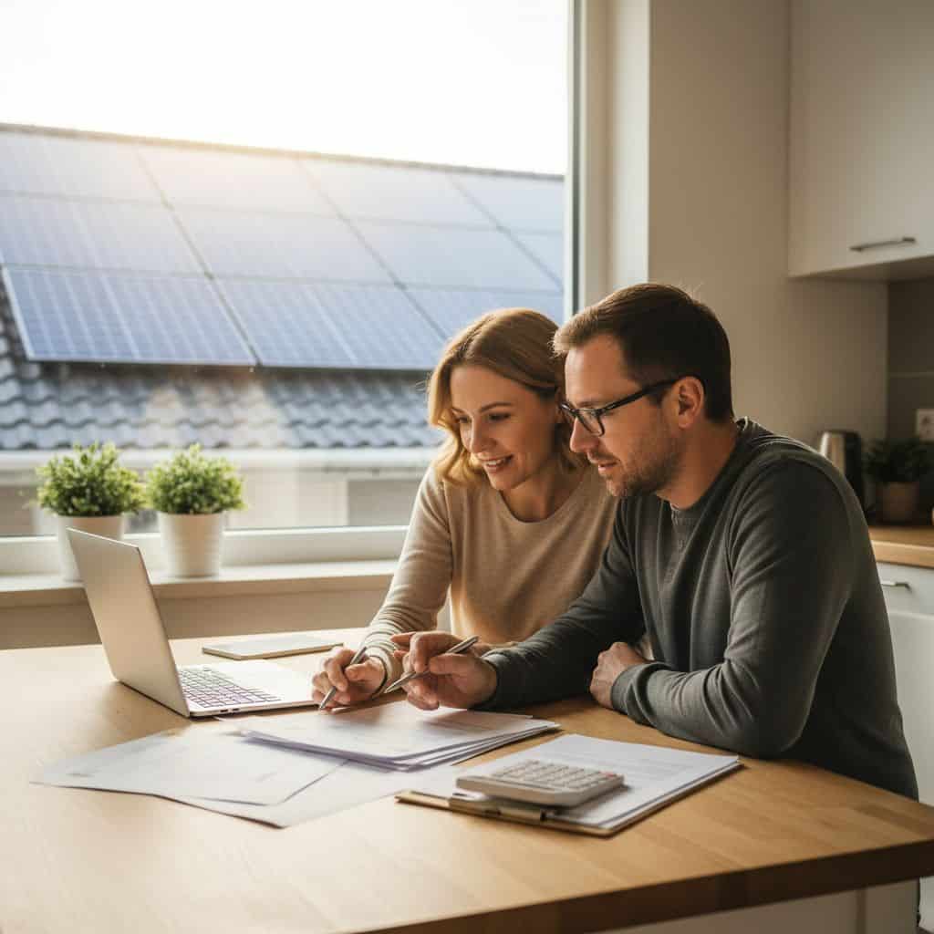 solar panel loans — homeowners reviewing solar financing documents at kitchen table with rooftop panels visible
