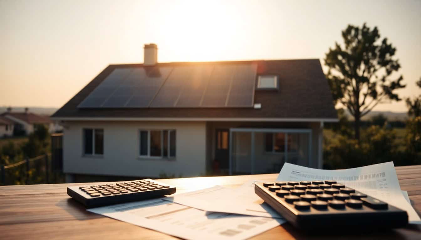 finance solar panels with no upfront cost — solar home with calculator and documents