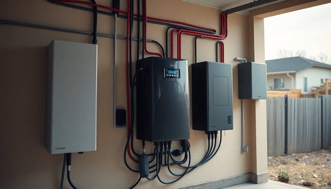 home battery storage system — battery and inverter installed in a garage