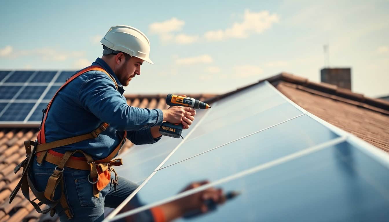 how solar panels are mounted on a roof — installer fitting panels to mounting rails