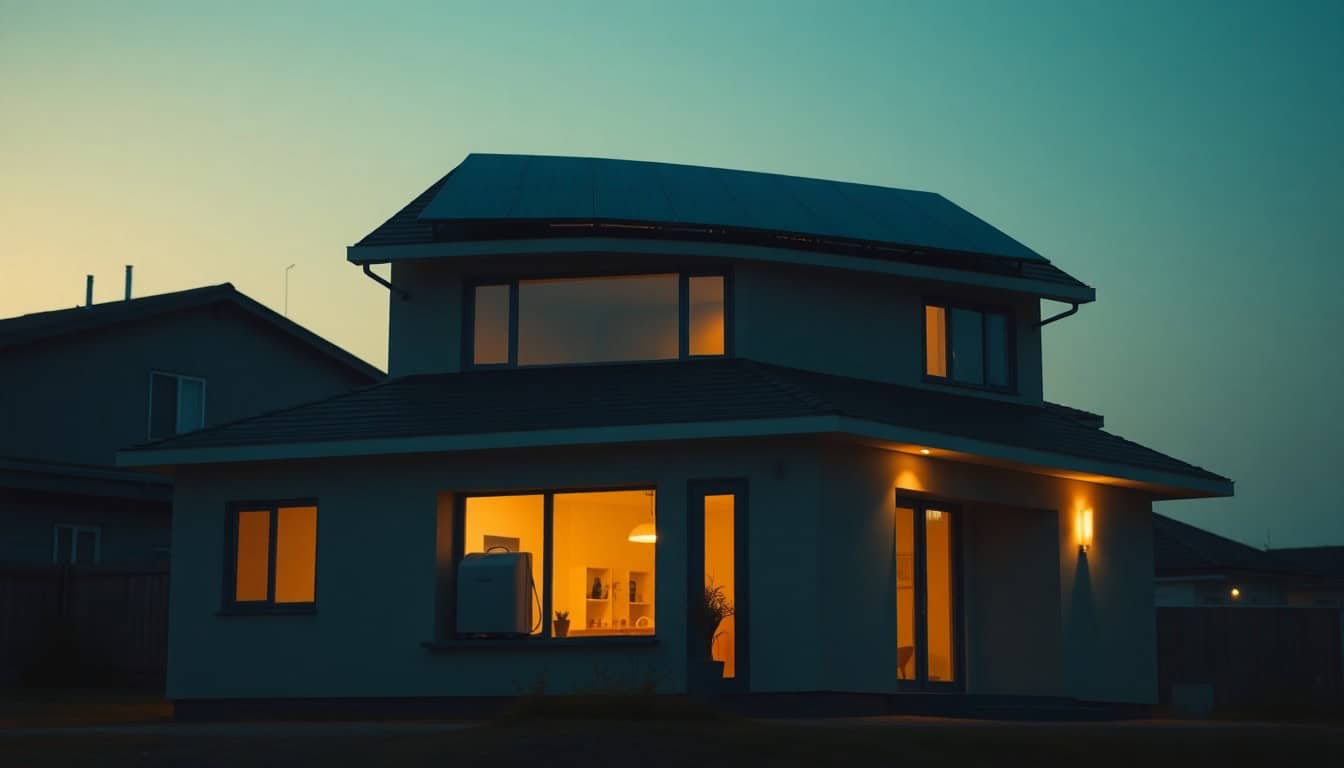 solar battery power — home running on a wall-mounted battery at dusk