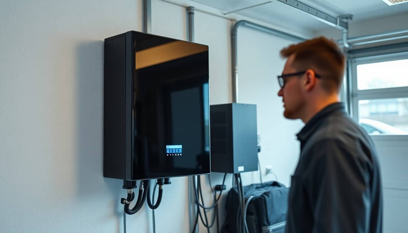 solar battery cost — wall-mounted home battery inspected by a technician
