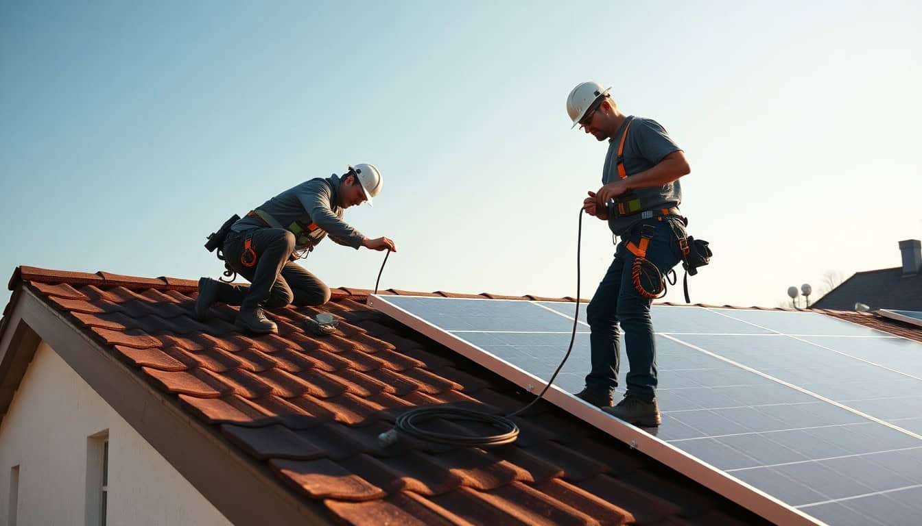 how long solar panel installation takes — installers fitting panels on a roof