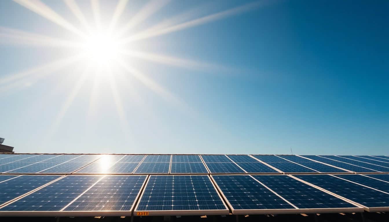 solar irradiance — bright sun rays hitting rooftop solar panels