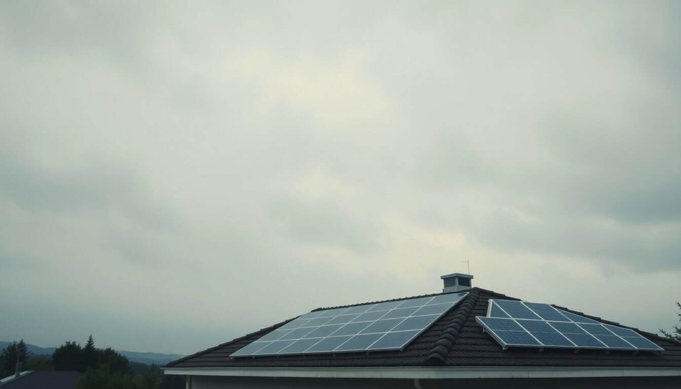 solar panels on cloudy days — rooftop panels under an overcast grey sky