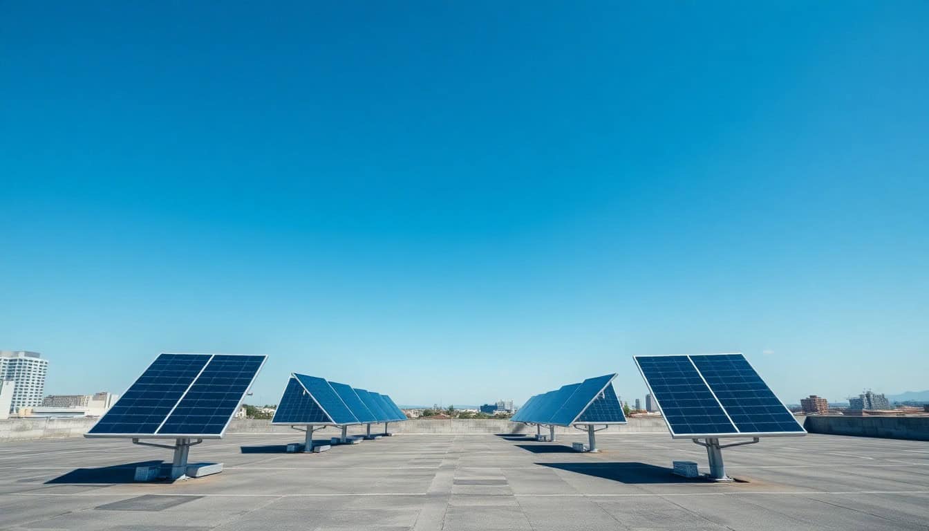 solar panels on a flat roof — ballasted tilted panels on a flat rooftop
